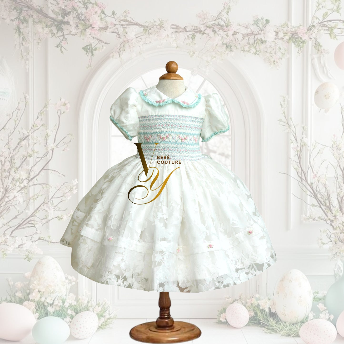 Celestine Floral Sparkle Organza Hand-smocked Dress
